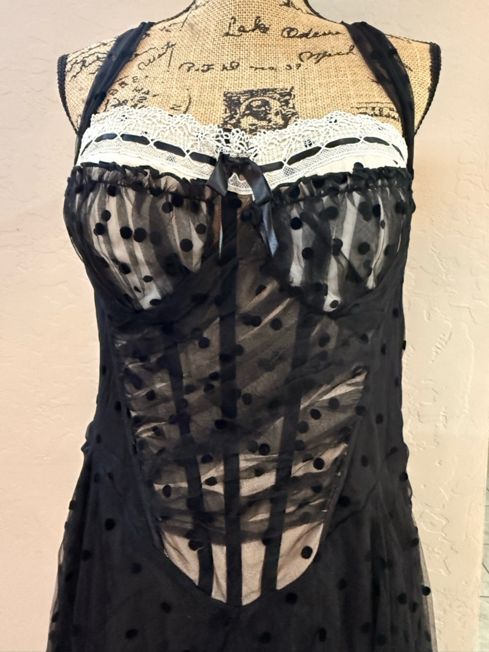 Lacemade Sheer Polka Dot Lace Corset Dreas - Black Medium